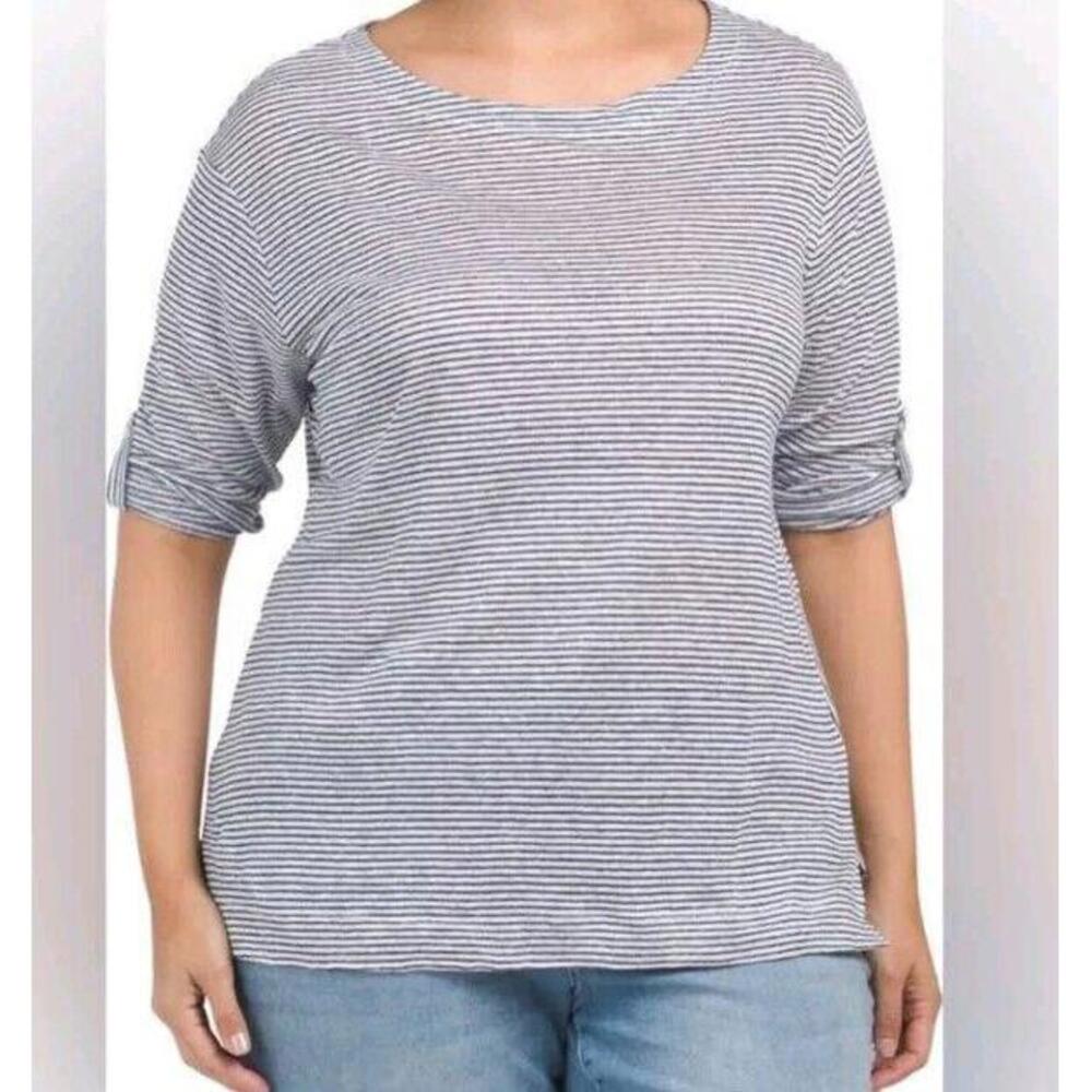 Women's Linen Oversized Top Medium Blue White Striped 3/4 Sleeve